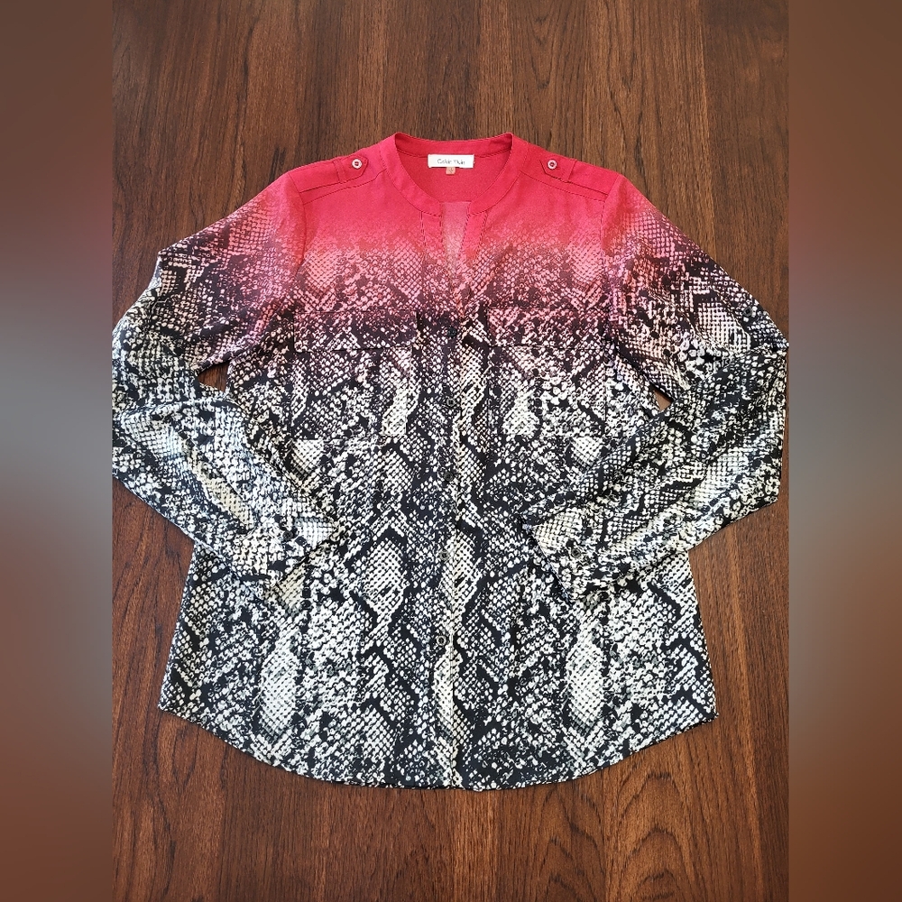 Calvin Klein Women's Red Ombre Black Snake Skin Light Button-Up Blouse Small